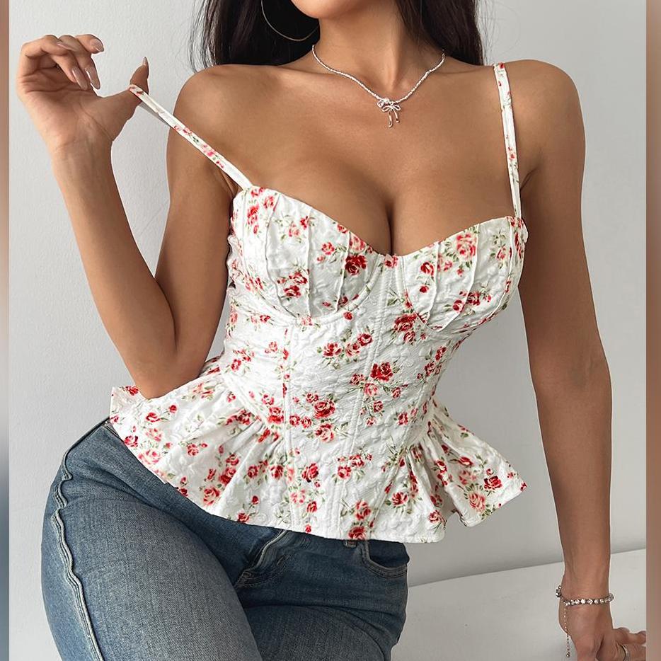 Women Sexy Backless Lace Up Floral Print Irregular Ruffle Wrap Bralette