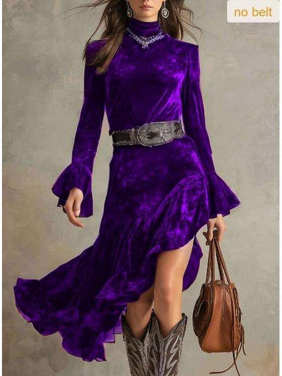 

European and American Style Velvet Long Sleeve Waist-Cinched High Neck Irregular Hem Dress L фіолетовий/глибокий