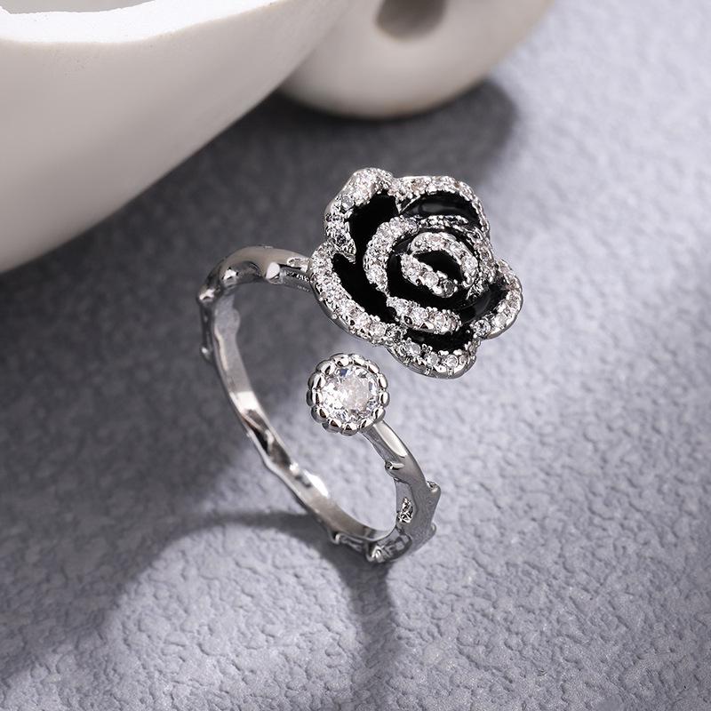 S925 Sterling Silver Black Camellia Ring - Women's French Luxury Style