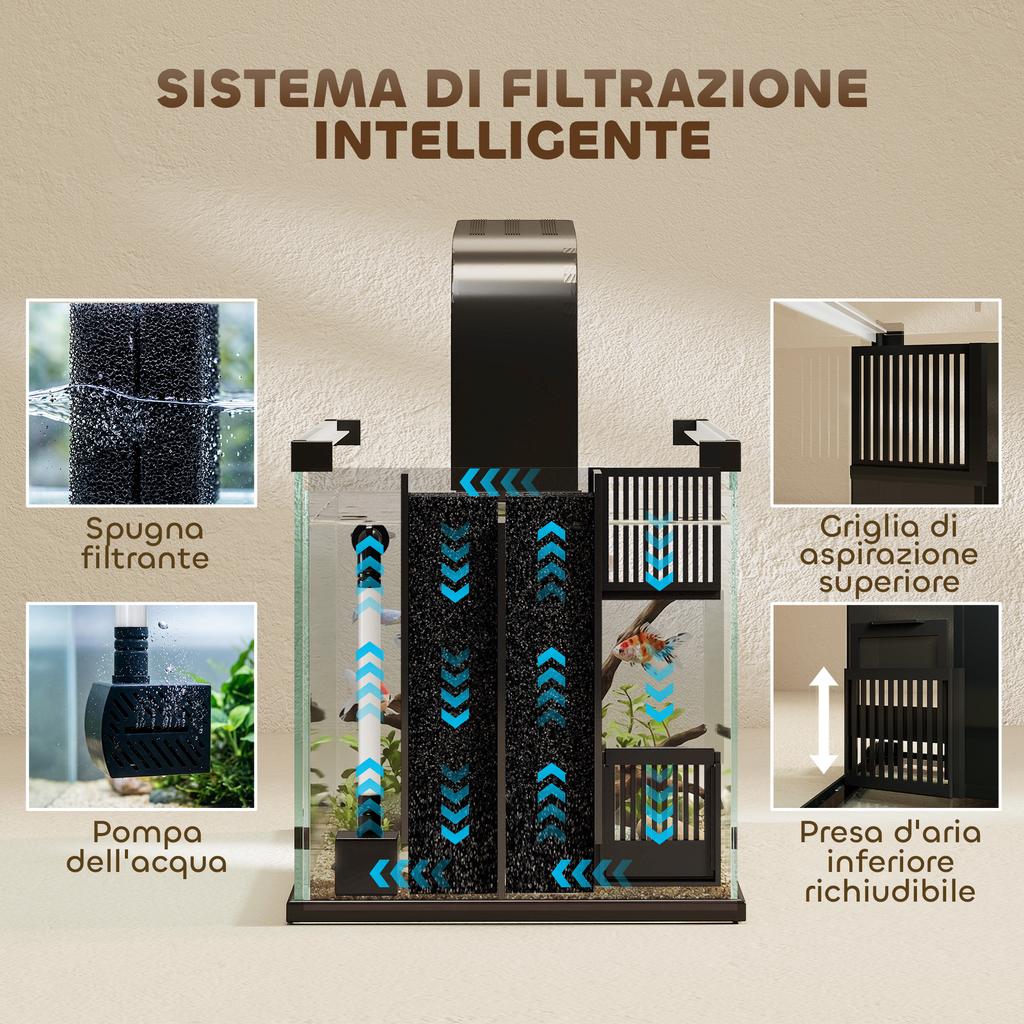 24L Tempered Glass Home Aquarium with Integrated Filter and LED Light, 45x25x25.5 cm, Black
