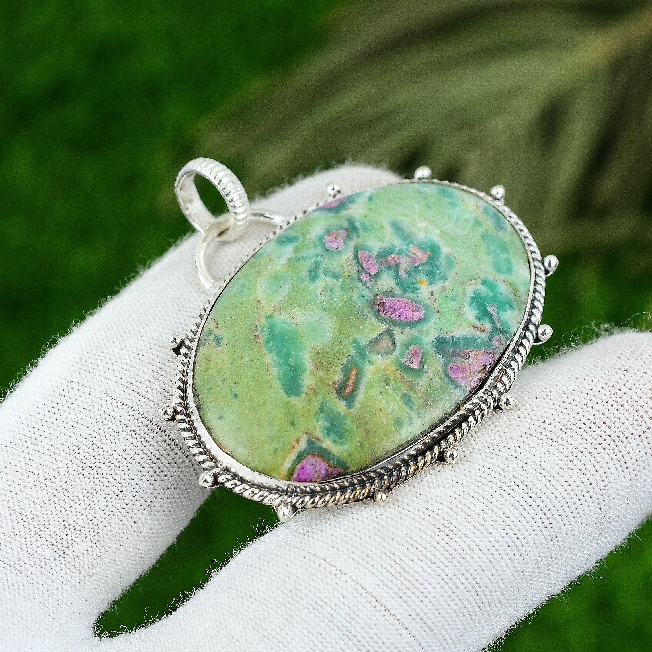 

Gift For Women Pendant 925 Sterling Silver Natural Ruby Fuchsite Gemstone