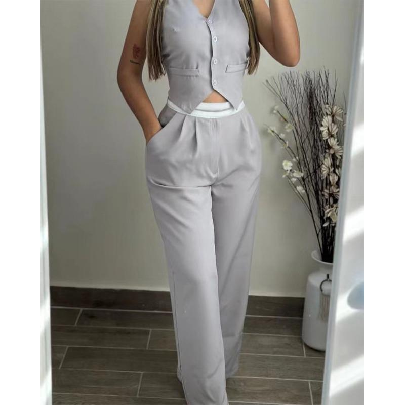 Women Fashion V Neck Sleeveless High Waist Wide Leg Pants Casual Two Piece Set