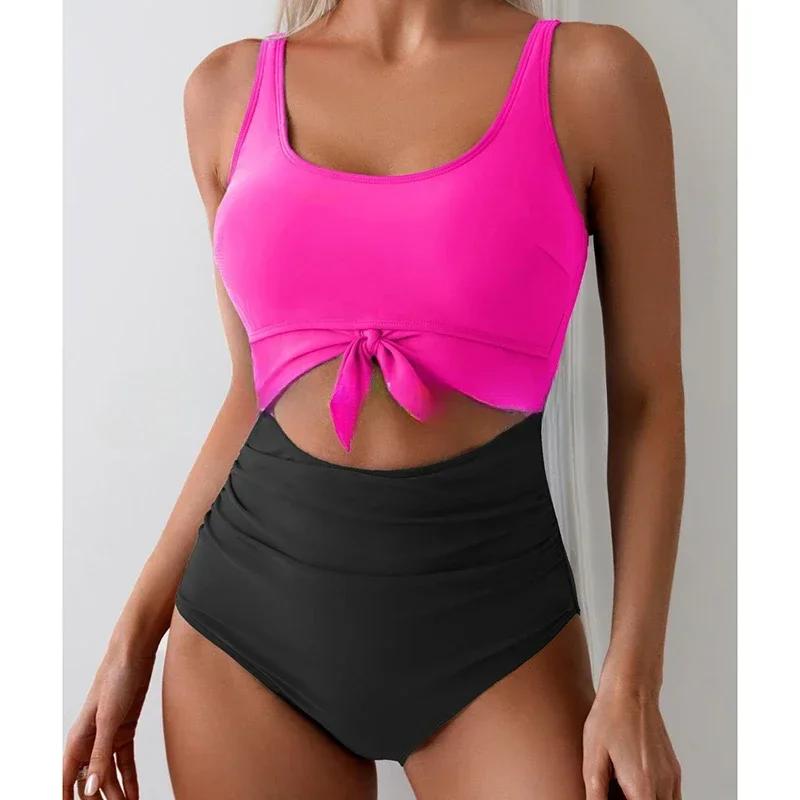 Ruched Tie-Knot Tummy Control One-Piece Swimsuit Patchwork Printing Women Bandage High Waist Vacation Beach Resort Bathing Suit
