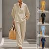 Completo da Donna in Lino a Due Pezzi con Maniche ad Ala di Pipistrello, Camicia Casual e Pantaloni a Gamba Larga, Outfit per Vacanze Estive, Set da Relax