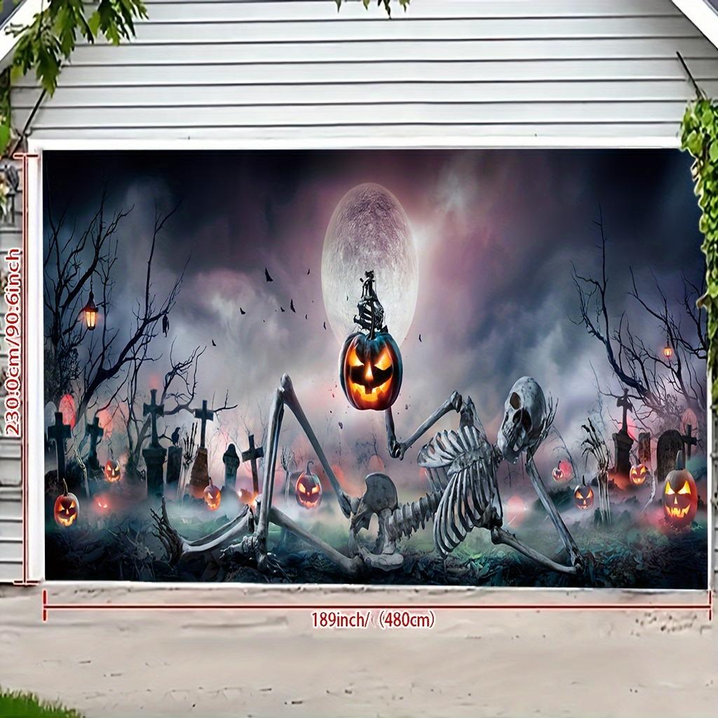 JIT 1pc Halloween Spooky Pumpkin Skull Graveyard Embroidered Garage Door Decorative Hanging Clothzyc