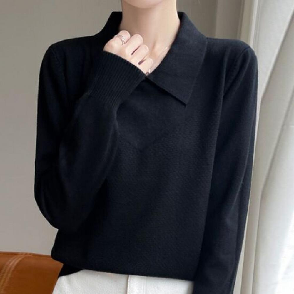 Navava Women Solid Long Sleeve Collar Knit Tee Nk2829