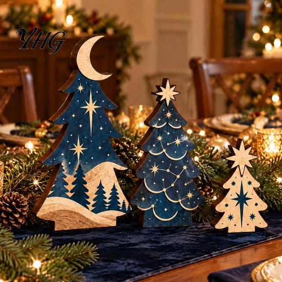 Festive Gingerbread House Decorations 3 Pcs Wooden Christmas Tree Tabletop Sign, 2D Flat Shaped Holiday Tiered Tray Decor Block Farmhouse Centerpiece
