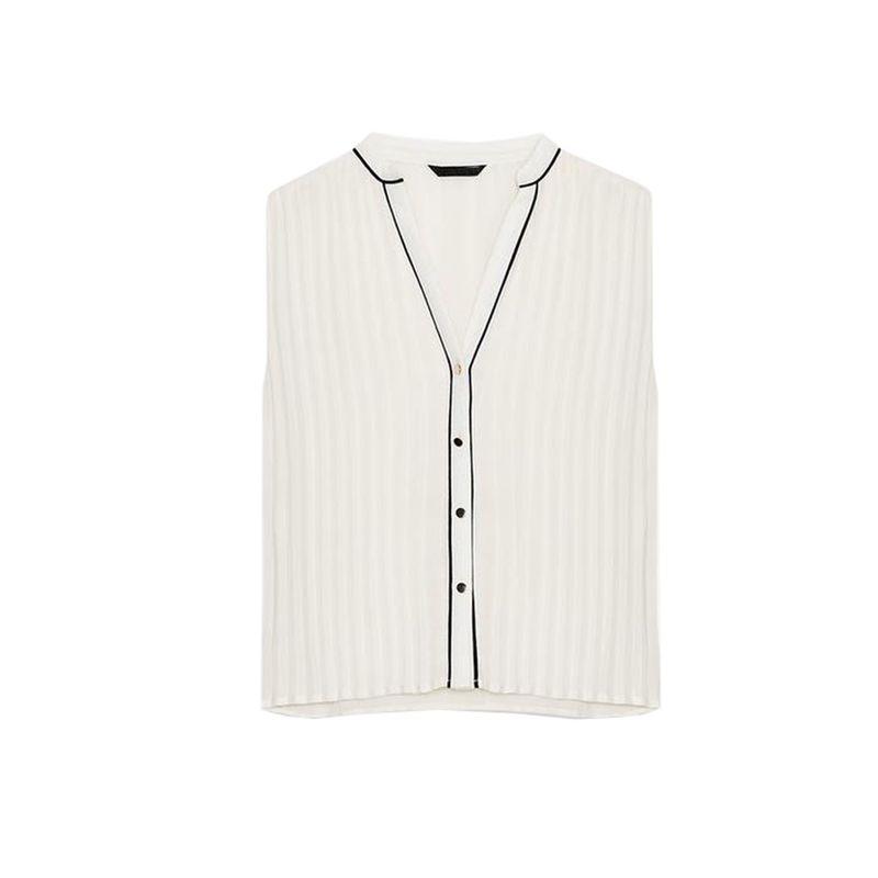 

Contrast Color Trim Pleated round Neck Sleeveless Shirt 4387233 with Waistband Pleated Midi Dress 4387235 White Tops L