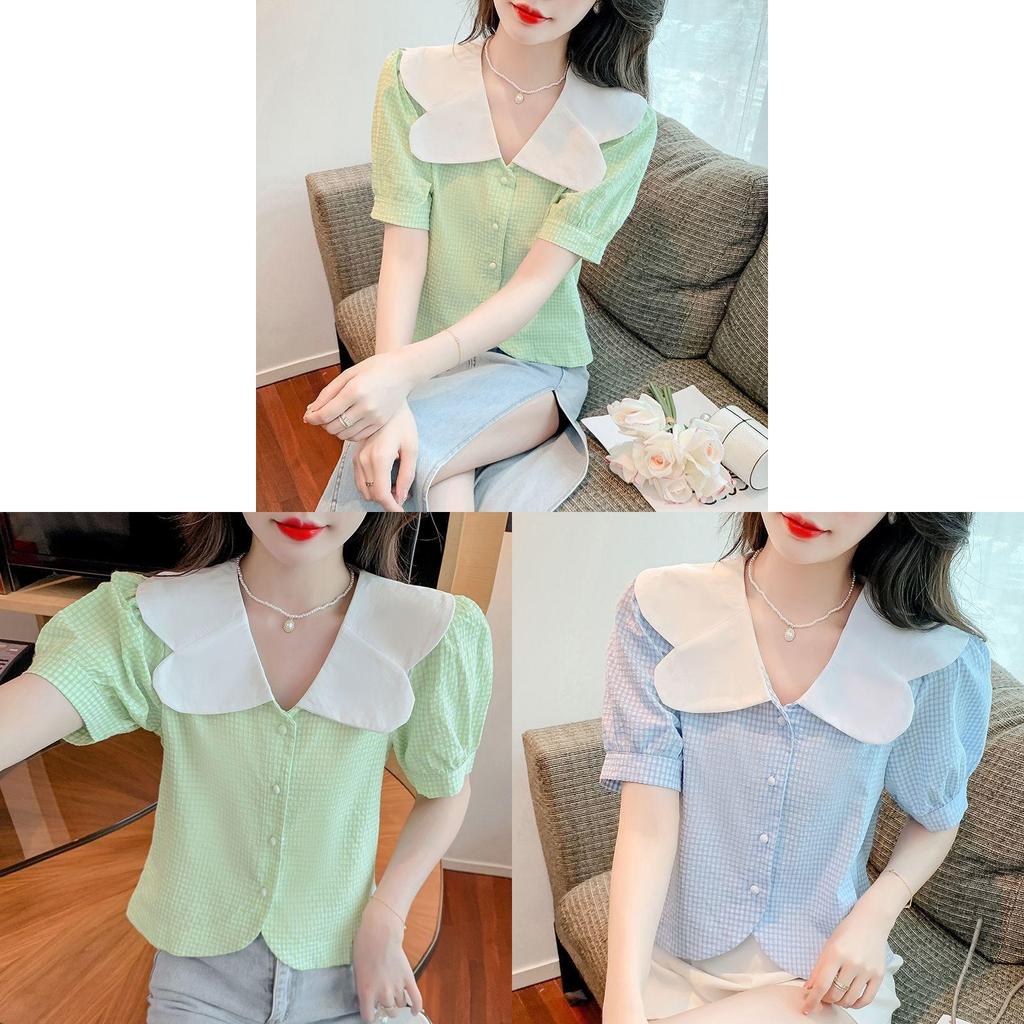 Summer Womens Blouse With Bubble Sleeves And French Collared Design For Casual Wear