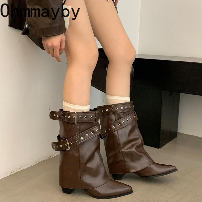 Hottie Belt Buckle Women Ankle Boots Fashion Pointed Toe Thick Heels Ladies Western Cowboy Booties