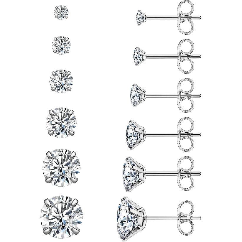 6 Pairs Stud Earrings Set, Hypoallergenic Cubic Zirconia 316L Earrings Stainless Steel CZ Earrings 3-8mm