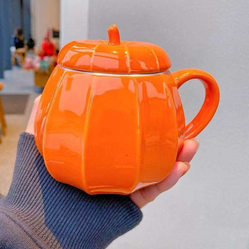 Pumpkin Water Mug Breakfast Milk Cup Cute Halloween Ceramic Mug with Lid Christmas Eve Presents Drinkware