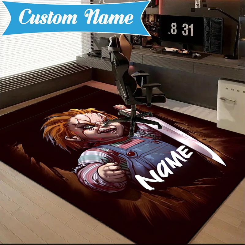 Custom Name Chucky's Bloody Tale Rug for Living Room, Game Rooms, Office, Bedroom, Floor Mat Playful Design, fan gifts Christmas decor