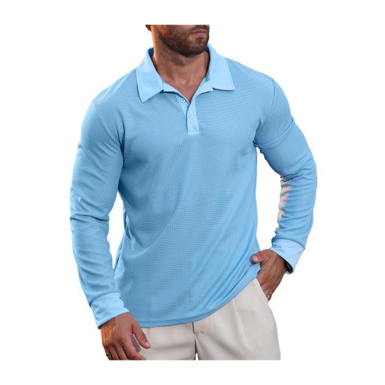 Men Waffle Golf Shirt Long Sleeve Turndown Collar Shirt Quarter Button Neck Casual Shirt for Vacation Office Party Date