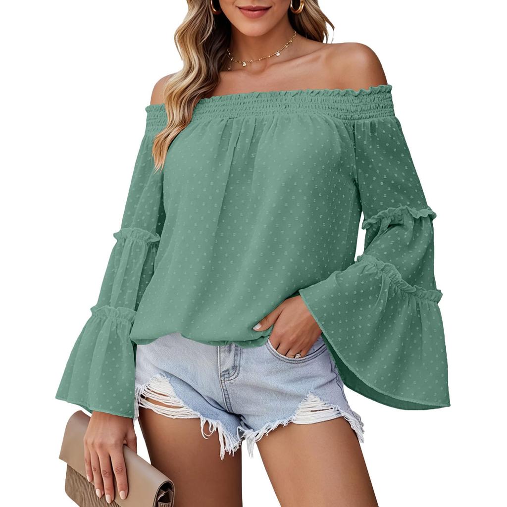 Women Off Shoulder Blouse Long Bell Sleeve Casual Loose Fit Lightweight Top with Smocked Neckline and Ruffle Detail