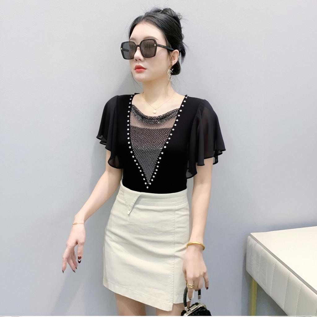 Summer Women's Sexy V-Neck Short Sleeve T-Shirts Elegant Luxury Hollowed-Out Hot Diamonds Casual Tops Brand Female Slim Tees Blouse
