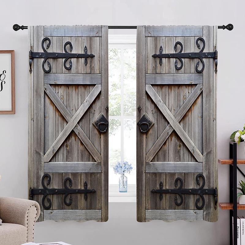2pcs Retro Simulation Wooden Door Polyester Printed Curtain Grommet Top Window Treatment For Bedroom Office Kitchen Living Room