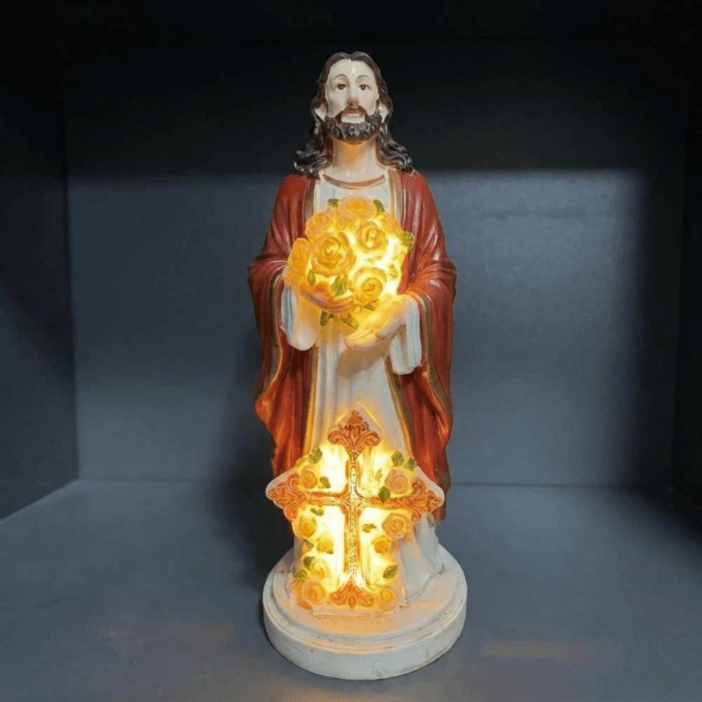 Verlichte Maria Beeld Gloeiende Rozen LED Jezus Christus Beeldje Hars Jezus Beeld Tuinpad