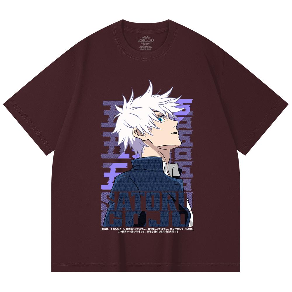 

230 Gsm 100% Cotton Jujutsu Kaisen V28 Gojo Print Unisex Heavy Cotton T Shirt 2XL вина червоного кольору