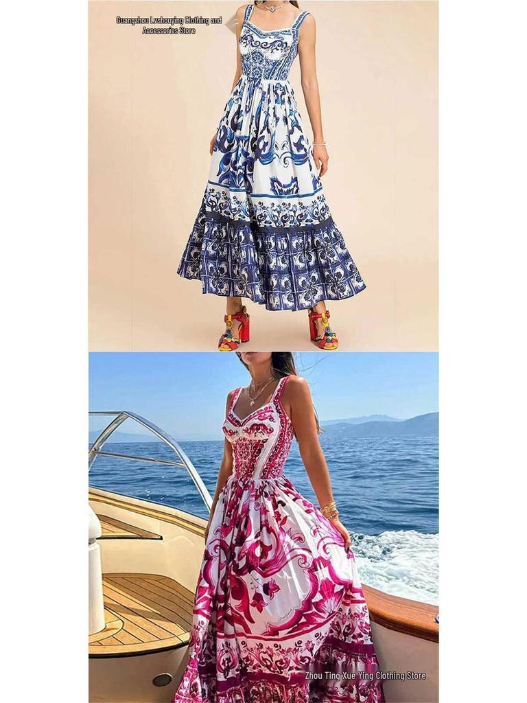 Bohemian Style Mid-Length Floral Print Dress with Elegant Wide Hem