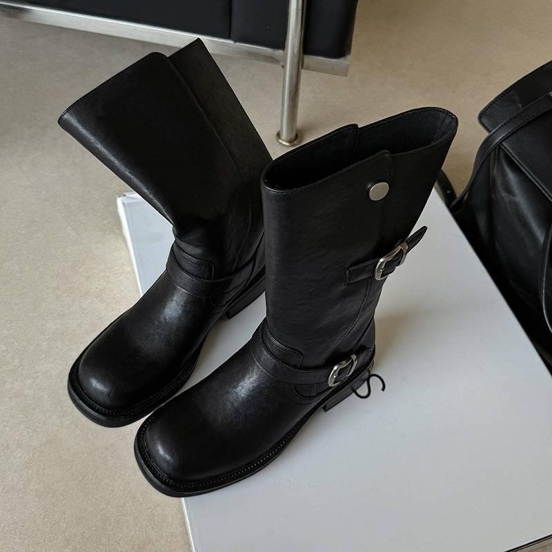 

Осенне-зимние женские кожаные сапоги кожаные большого размера на среднем каблуке толстая подошва нескользящие универсальные высокие сапоги чулок коровья кожа сапоги рыцаря женские 40 чёрный