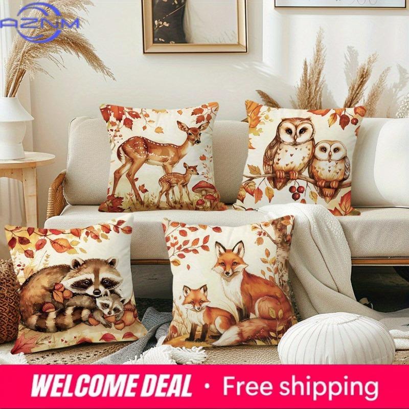 Autumn Forest Animal-Print Pillowcases: Deer, Owls, Raccoons, And Foxes Sofa Cushion Cover Home Room Decoration 2D Flat Printing