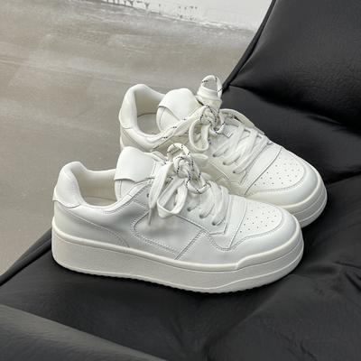 Chaussures Blanches en Cuir Véritable Semelle Épaisse pour Femmes Automne Polyvalentes Bout Rond Semelle Gâteau Éponge Lacets Casual Chaussures de Skate