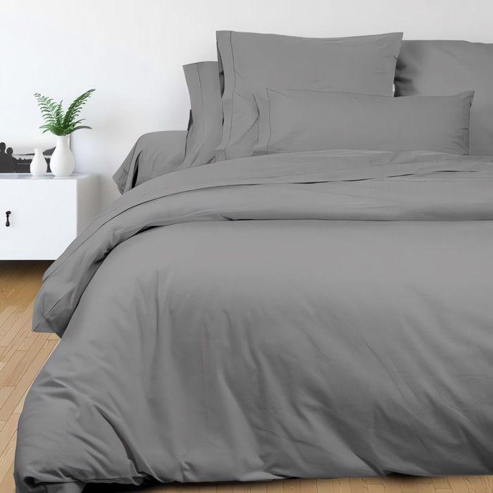 Drap plat en coton 240x300 cm PERCALE gris, par Soleil d'ocre