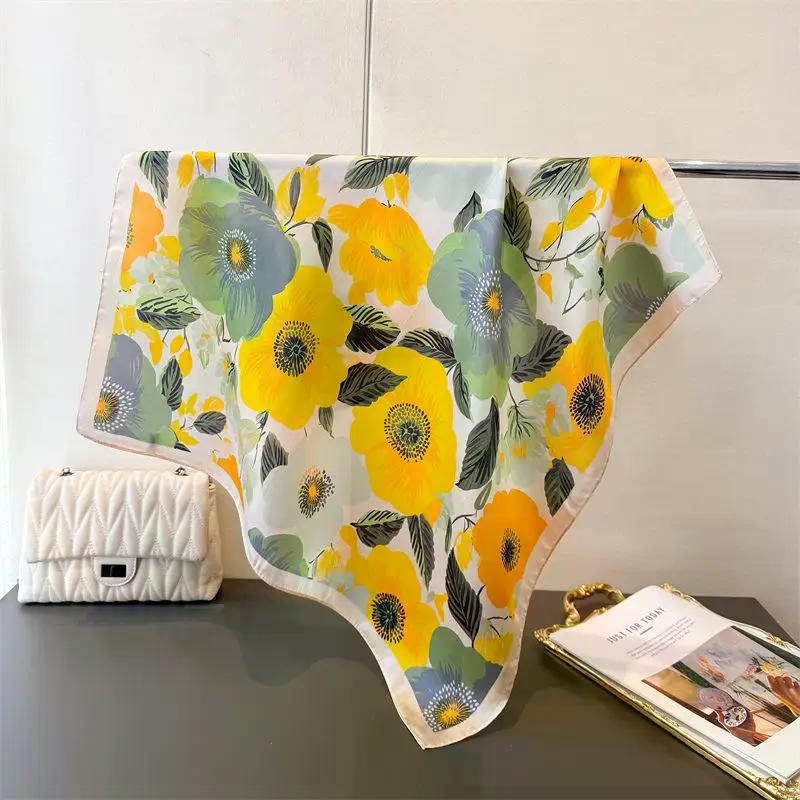 Luxury Floral Printed Square Scarf For Women Imitation Silk Scarves Bandanas Hijab Neckerchief Elegant Shawl Wraps