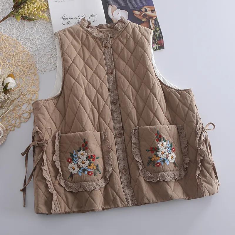 

Осенне-зимняя парка больших размеров, женская одежда, куртка без рукавов среднего возраста, модный стеганый жилет с карманами и цветочной вышивкой XS хаки