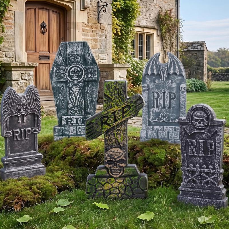 Fall Yard Scene Set, 5 Foam Grave Marker Pieces for Porch Entry Lawn Garden Display, Party Use, Outdoor Themes,