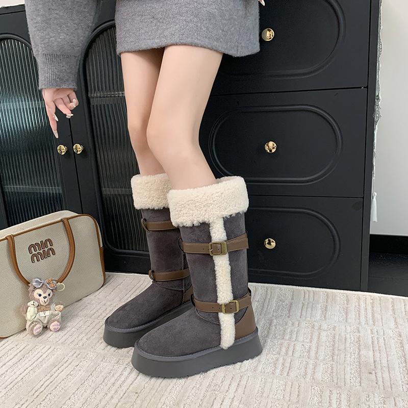 Damen Hoch Schnalle Mode Leichtgewichtige Weiche Sohle Winter Warm Fell Eins Schneestiefel Gepolstert Gefüttert Rutschfest Lässig Sport Baumwollstiefel