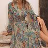 Autumn European and American V-neck Long-sleeved Medium and Long Dress Loose Ethnic Style Printed Big Swing Dress
