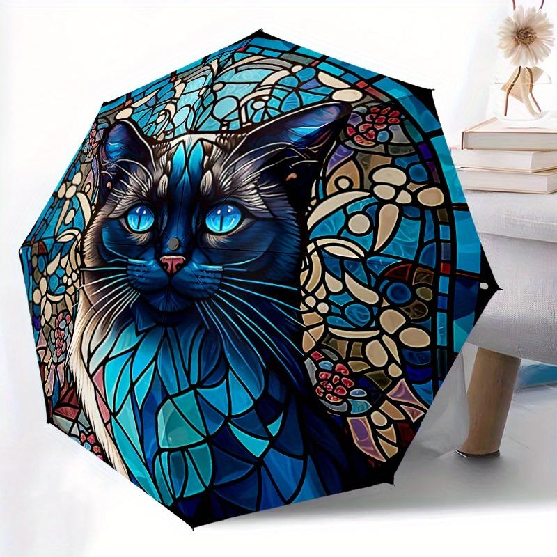 1pc Blue Cat Art Automatic Open/Close Umbrella, Umbrella with Cartoon Design, Portable Compact Umbrella for Men & Women, Good Holiday Gift Y