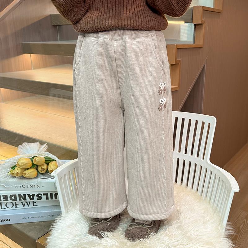 

Girls Fleece-Lined Wide-Leg Pants - New 2025 Winter Style, Thick and Cozy for Autumn, Perfect Casual Wear for Baby Girls 110 cm бежевый