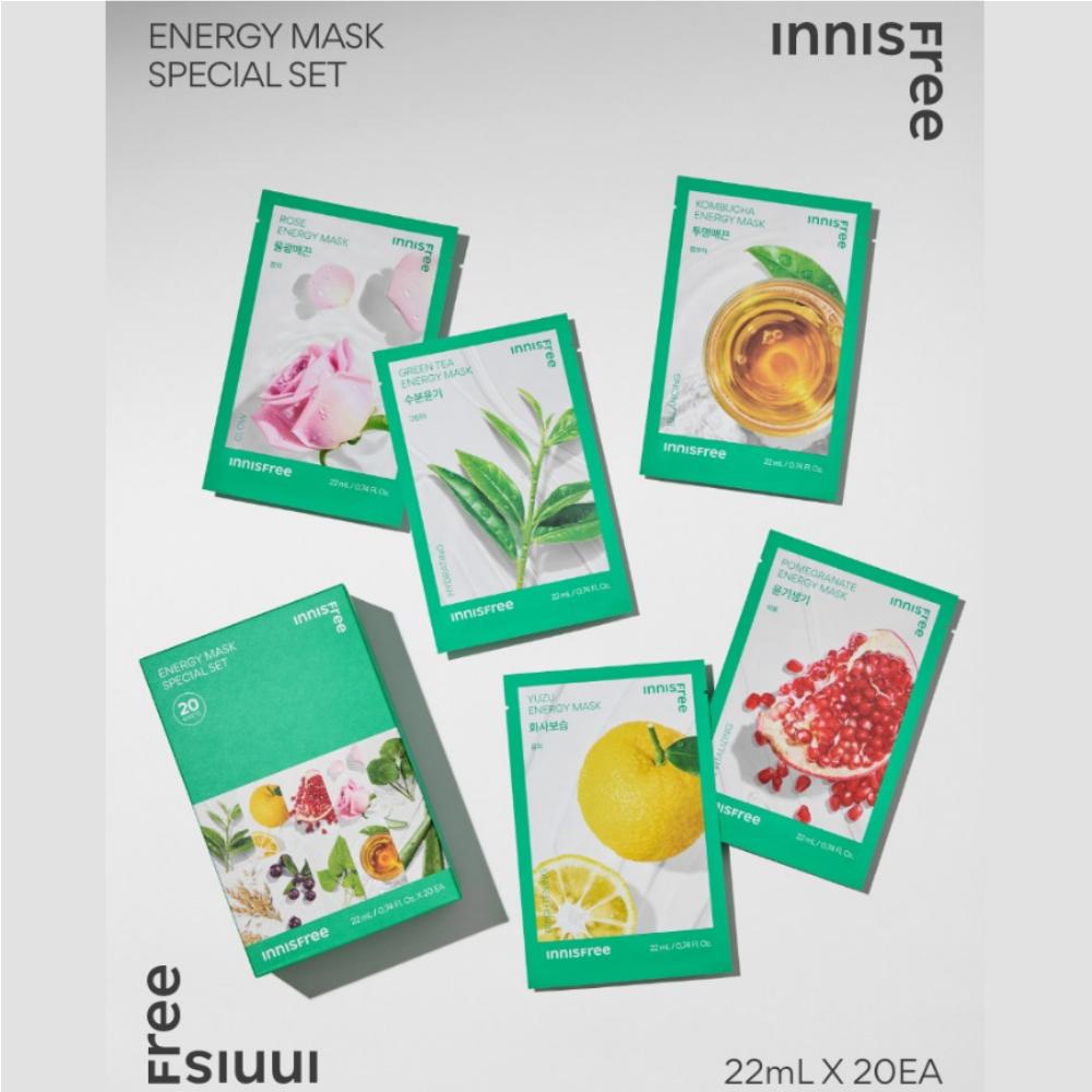 innisfree Energy Mask Special Set 20 Sheets [10 Types x 2pcs] Daily Hydrating & Soothing Facial Sheet Mask Pack