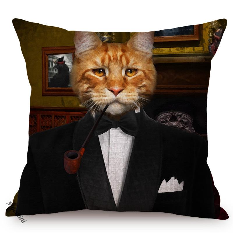 Cat Funky Portrait Style Sofa Decorative Throw Pillow Case Gentleman Animal Oil Painting Art Cotton Linen Cushion Cover Cojines