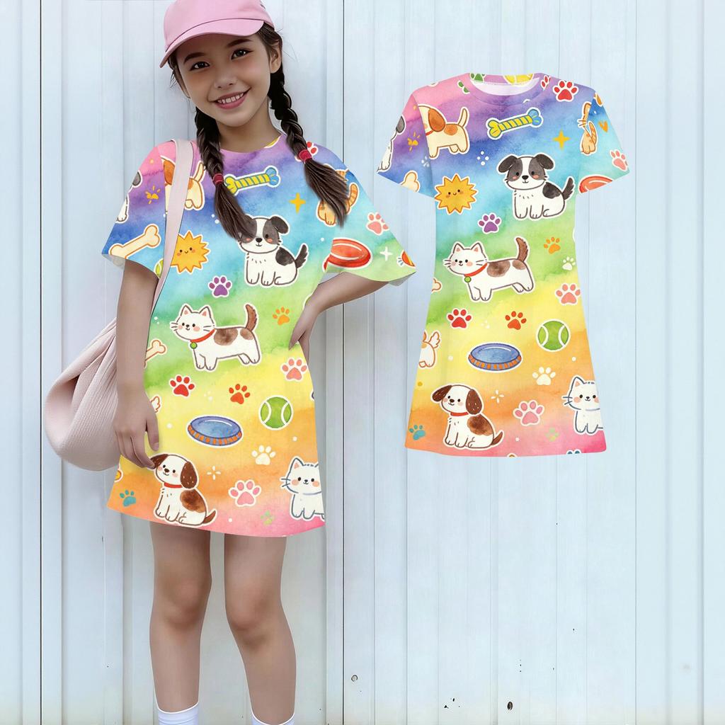Girls Loose Fit Short Sleeve Dress Lightweight Round Neck Casual Dress with Animal Print Pattern for Kids Summer Wear