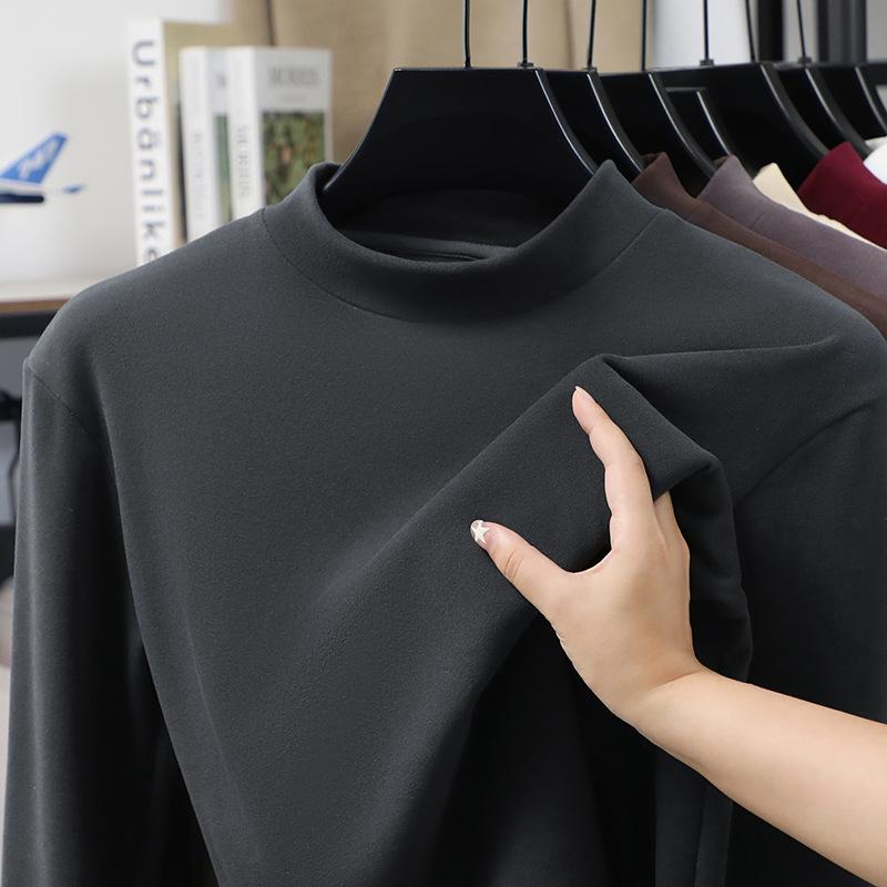 Men's Slim Fit Double-Sided Plush Base Layer Shirt, Solid Color, Half-High Collar, Long Sleeve, Thickened Warm Inner Wear for Autumn & Winter
