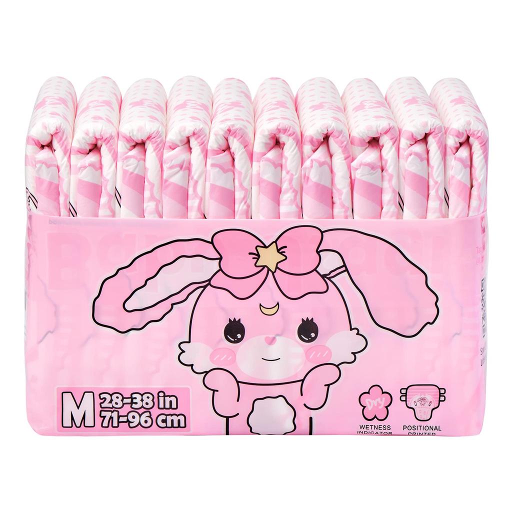 LittleForBig Adult Diaper Pants, Cute Baby Rabbit Design, Disappearing Flower Print, Pink, 10-Count, Medium