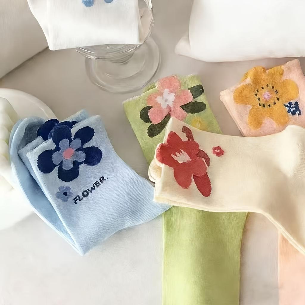 5 Pairs Women's Korean Style Long Socks, Cute Japanese Aesthetic Mid-Calf Socks, Colorful Floral Pattern