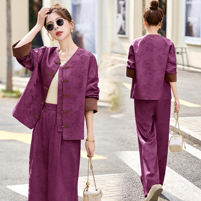 

Suit Women s Spring New Design Sense Royal Sister Casual Tang Style Wide Leg Pants Wear Two-piece Set M фіолетовий