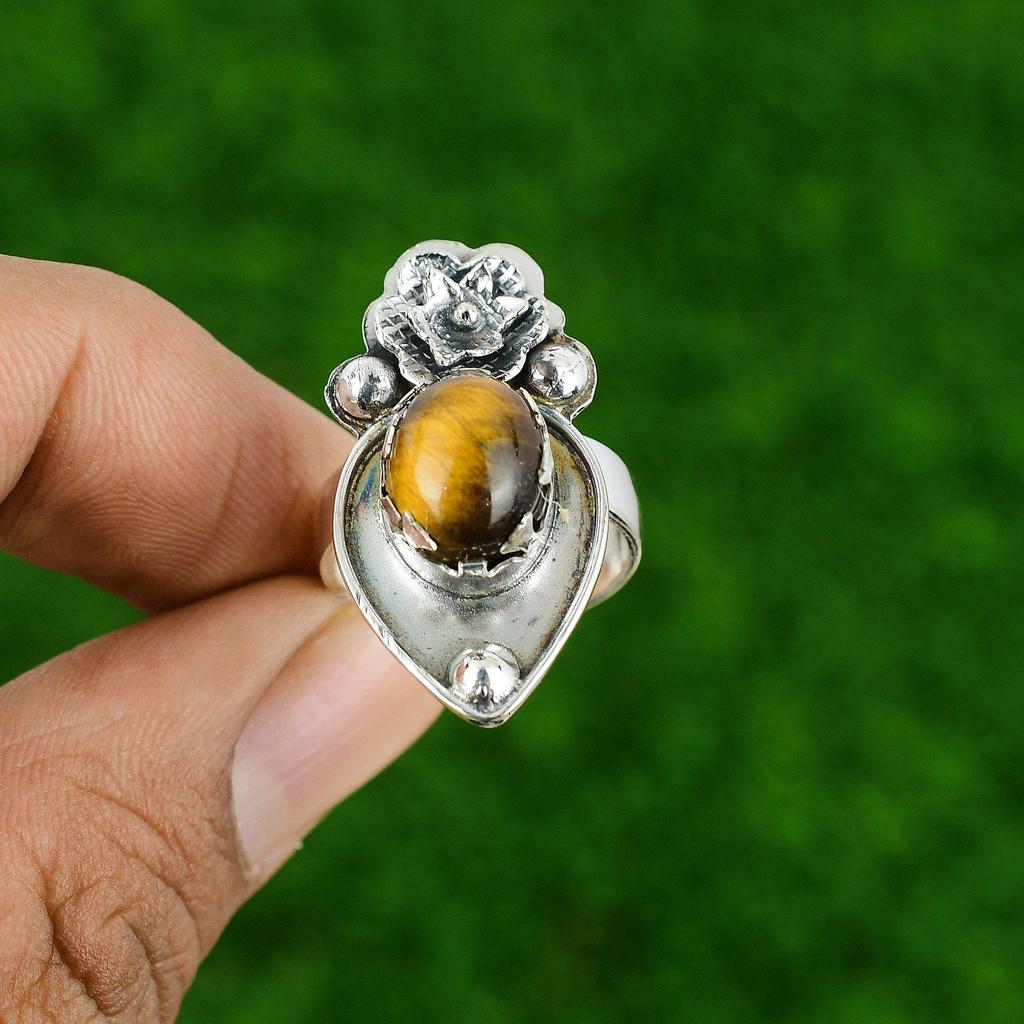 Natural Tiger'S Eye Statement Flower Adjustable Ring 925 Silver For Girls