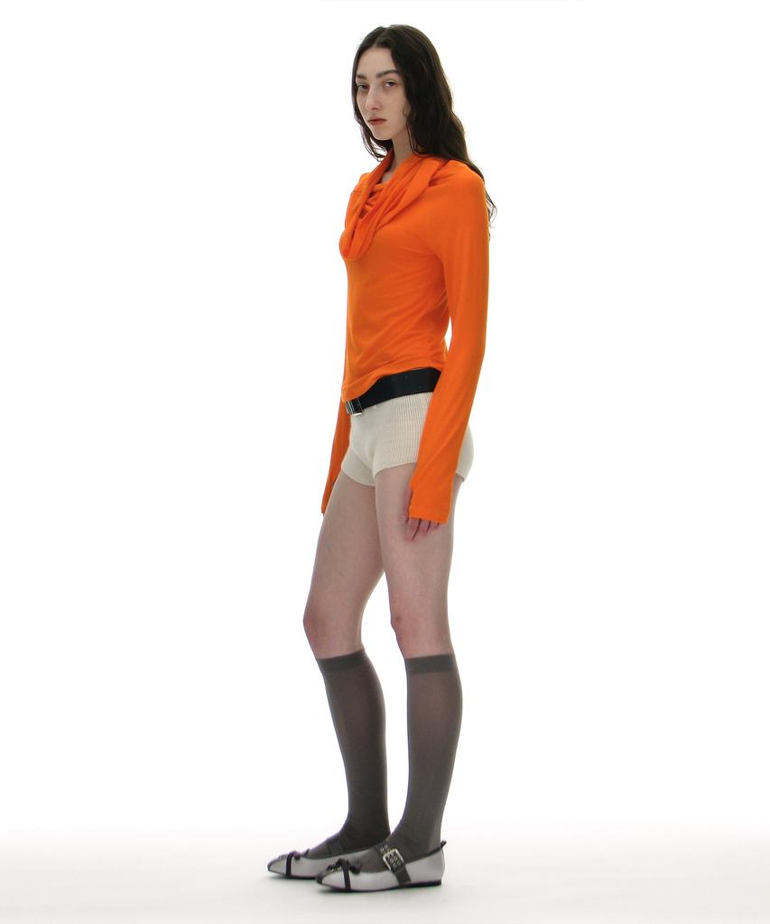 PARTIMENTO WOMEN 3-Way Cowl Neck Long Sleeve Tee_Orange