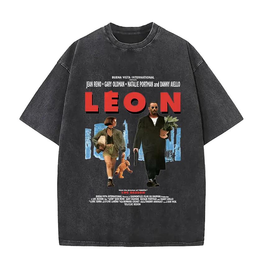 Vintage Washed Leon The Professional Movie Actors T Shirts Men Women's Pop Fashion Cotton Short Sleeve T-shirt Gothic