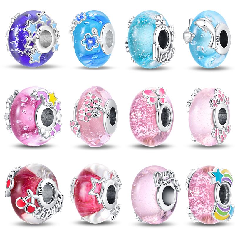 

925 Серебро Красочные Бабочка Цветок Дельфин Светящиеся Стеклянные Подвески Бусины Подходит Оригинальные Браслеты Diy Изысканные Ювелирные Изделия DIY Подарки