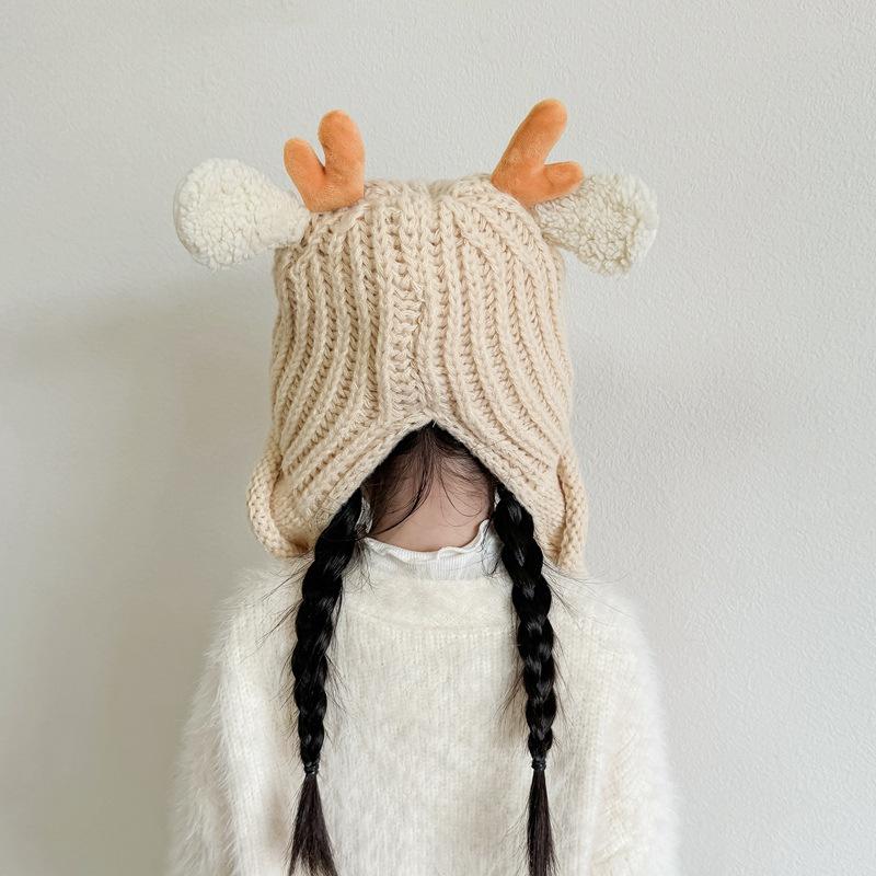 Herbst- und Winter Jungen und Mädchen niedliche Geweih gestrickte Woll-Ohrenmützen Kinderhüte Baby verdickt warm Babyhüte