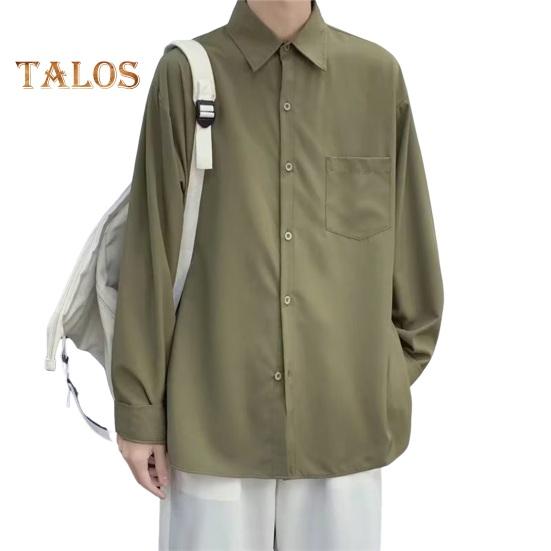 Men Spring Fall Shirt Turn-down Collar Loose Fit Retro Japanese Style Single-breasted Long Sleeves Pure Color Mid Length Young Formal Business Event