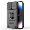For iPhone 15 Pro Kickstand Phone Case with Slide Lens Cover PC+TPU Shockproof Rugged Shell