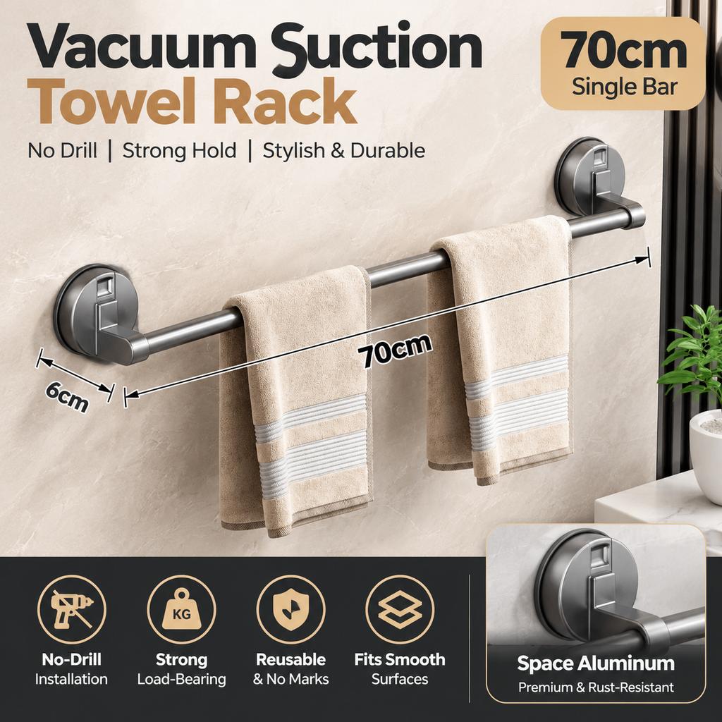 No-Drill Vacuum Suction Towel Rack, Space Aluminum, for Bathroom and Toilet
